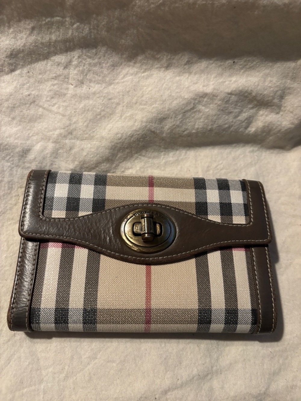 Vintage Burberry Nova Check Beige Plaid Wallet with Brown Leather Trim